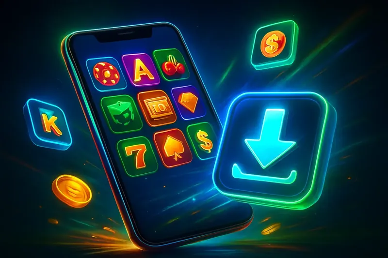 Glossy smartphone casino app banner with neon download symbol and glowing tiles