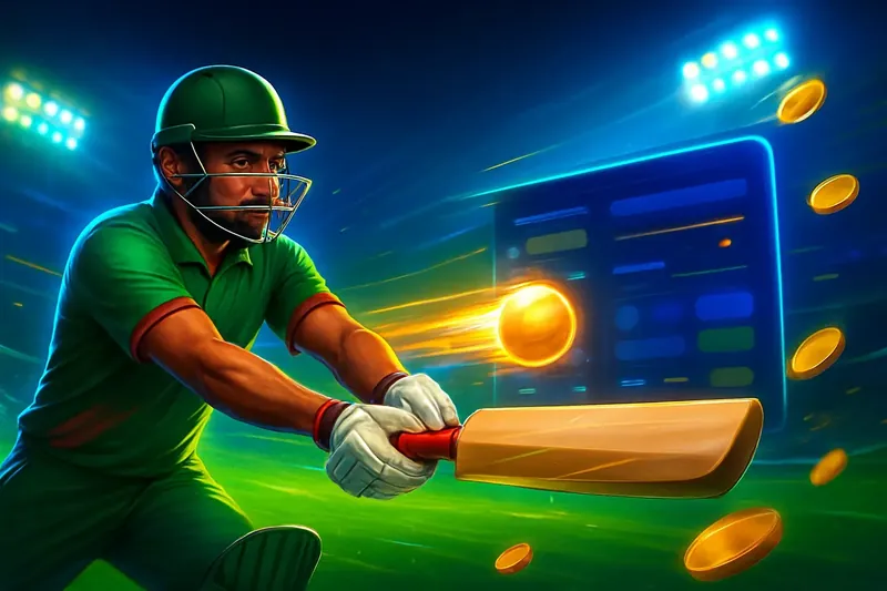 Cricket batter striking ball under stadium lights in dynamic sportsbook banner