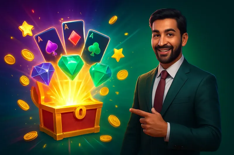Reward Chest Burst Glowing reward chest with bonus cards, coins, gems, and stars