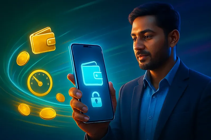 Hand holding smartphone with secure mobile wallet, coins, and speed light trails