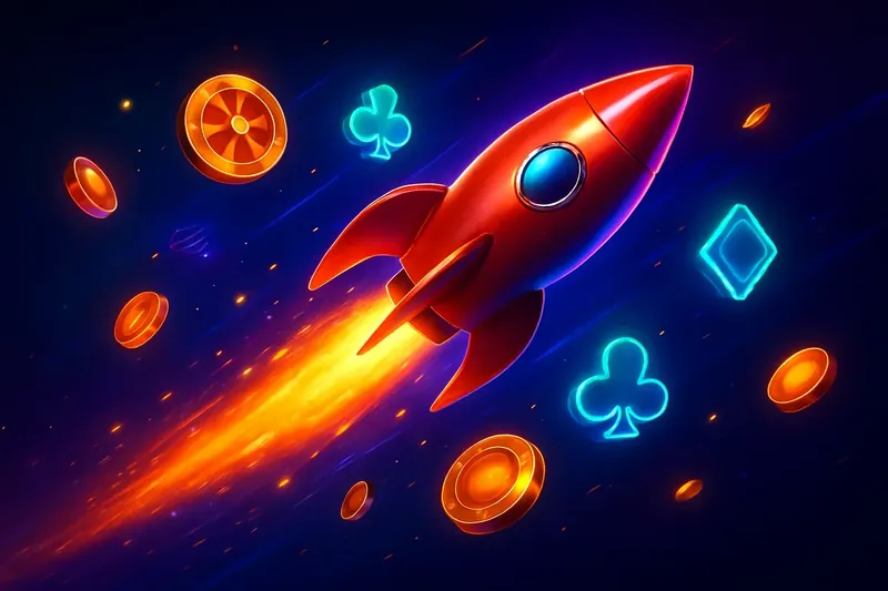 Glossy 3D rocket launch casino banner with neon speed trails