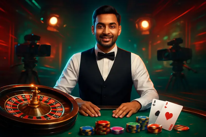Friendly professional live dealer with roulette, cards, chips, and studio lights