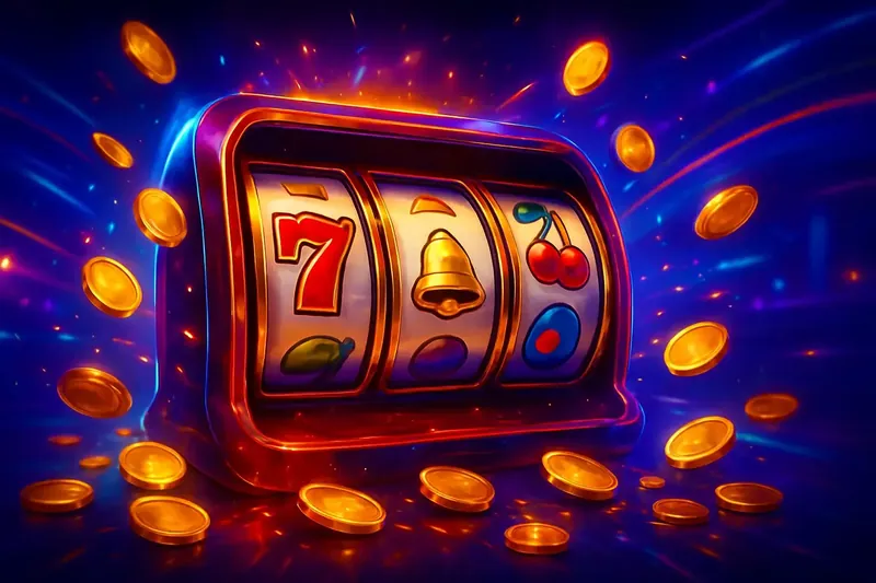 Colorful spinning slot machine reels with coins, sparkles, and neon glow